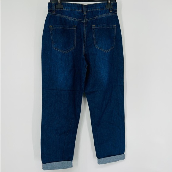 Blue High Waist Ripped Distressed Cuffed Boyfriend Jeans Denim Pants - Picture 13 of 13